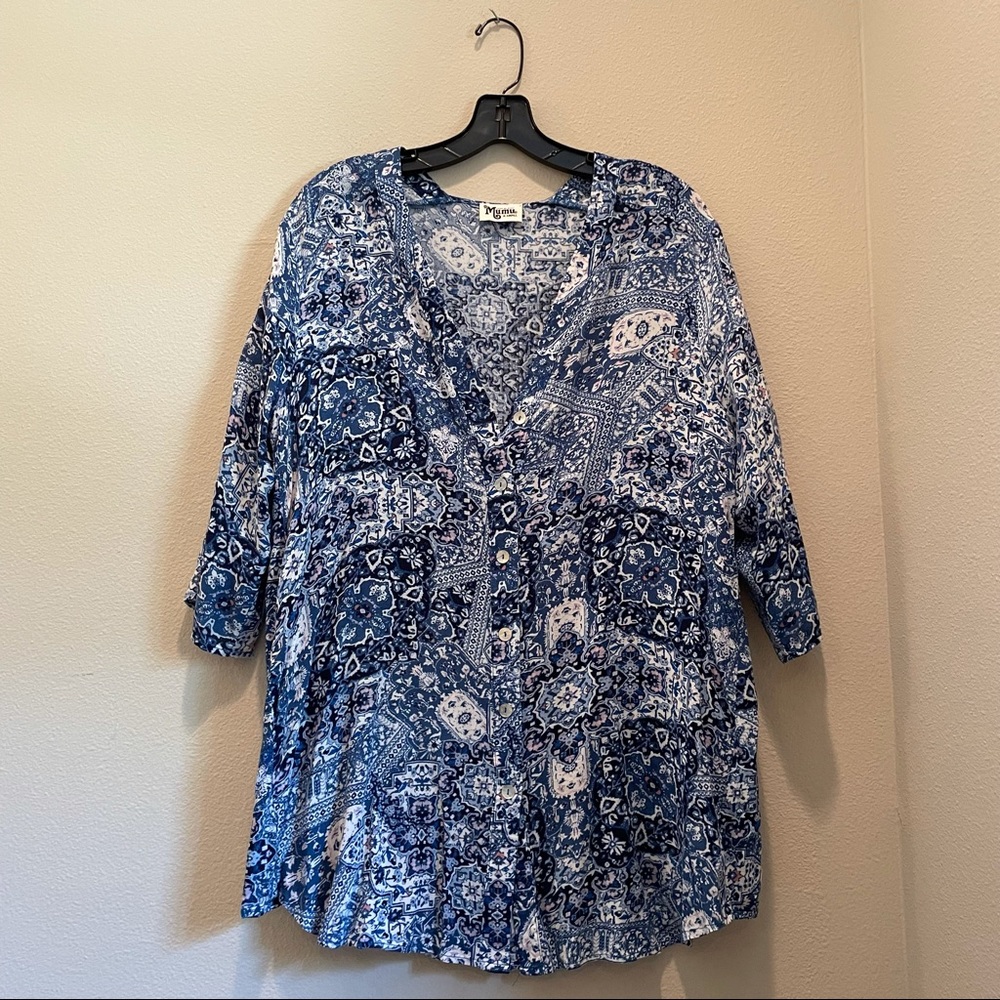 Show me your mumu blue pattern button down tunic